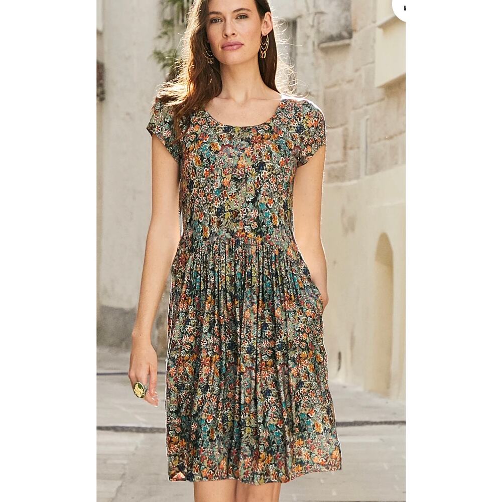 Peruvian Connection Floral Print Pleated Pocket Dress Size Large Spring Summer